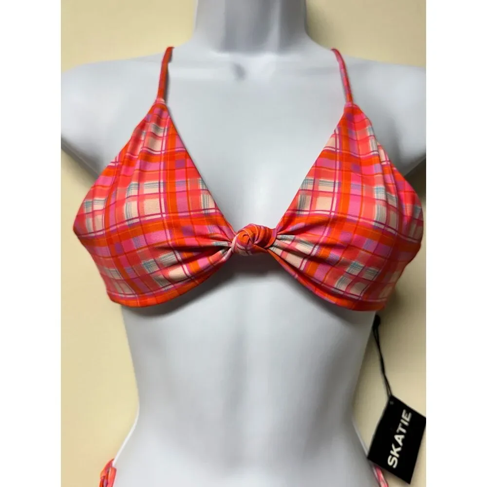 NWT - SKATIE Eco-Friendly Sugar Magnolia Vibrant Pink/Orange Plaid Bikini, Sz S